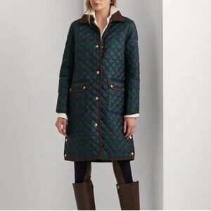 LAUREN RALPH LAUREN Green Blue Tartan Plaid Quilted Corduroy Coat